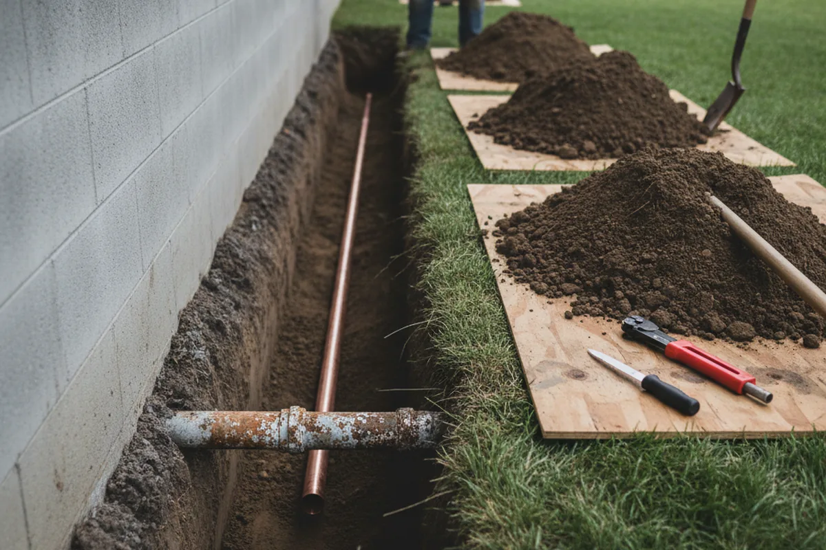 Excavated water line trench during Sewer Line Repair in Johnstown